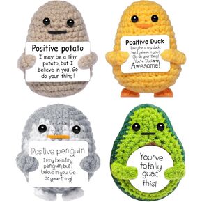 Mini Positive Potato Gifts, 4PCS Cute Crochet Animals Penguins Woll Doll with Positive Card, Funny Emotional Support Best Friends Christmas Birthday Gifts for Women Men Office Desk Decor