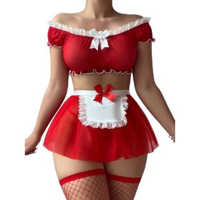 Sexy Stockings Mini Skirt Mesh Sheer Lace Cosplay Costume Outfit Lingerie with Thong Set 4 Piece