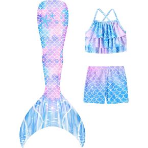 Girls Mermaid Bathing Suit 3PCS Cute Ruffle Tankini Swimsuits with Boyshort Fish Tail Kids Beach Swimwear 3-11Y