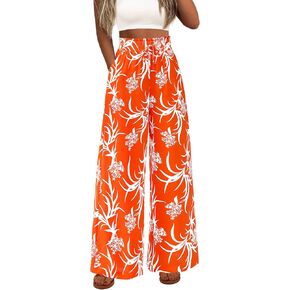 CFLONGE Wide Leg Pants for Women 2025 Casual High Waist Floral Palazzo Pant Flowy Trendy Beach Boho Trousers with Pockets