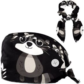 Raccoon Pattern Working Cap Scrub Cap Nurse Doctor Surgical Hat Medical Hat with Buttons Bowknot Hair Bow Tie for Women