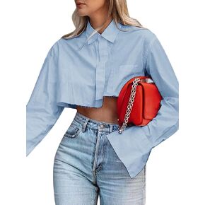Women Cropped Button Down Shirt Asymmetric Hem Long Sleeve Collared Blouse Top