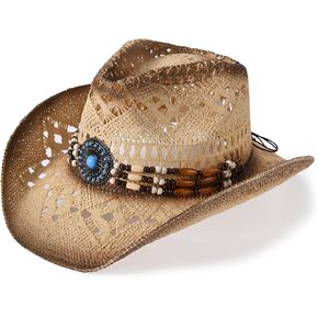 Straw Cowboy Hat for Men Womens Straw Cowgirl Hat Summer Western Cowboy Hats with Wide Brim for Cowgirls and Cowboys