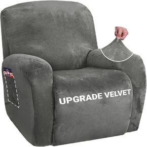 ZNSAYOTX Stretch Velvet Recliner Covers 4-Pieces, Thicker Soft Plush Recliner Chair Slipcover with Side Pockets, Washable Luxury Dog Cat Pets Proof Reclining Protector (Recliner, Grey)