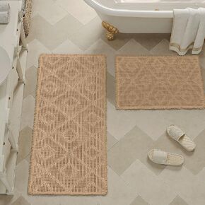 Washable Bathroom Rugs Sets 2 Piece, Upgraded Waffle Super Absorbent Non Slip Bath Mats, Ultra Soft Quick Dry Runner Rug for Bathroom Hallway, Brown, 18"x30"+24"x48"(2'x4')