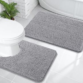 OLANLY Bathroom Rugs Sets 2 Piece, Soft Absorbent Chenille Bath Mats and U-Shaped Contour Toilet Mat Area Rug Set, Machine Washable Bath Carpet, Home Decor Accessories(30"x20"+24"x20", Grey)