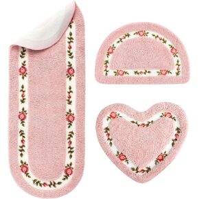 3 Pcs Rose Flowers Coquette Bathroom Rugs Set Rose Flower Area Rugs Non Slip Absorbent Washable Door Mat Floral Bathroom Carpet Coquette Decoration for Home Hotel, 3 Shapes