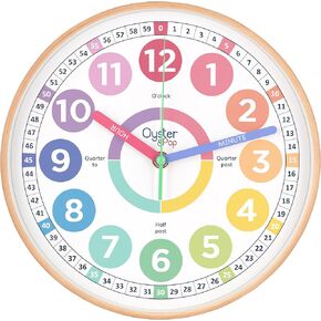 Oyster&Pop 10 Inch Learning Clock for Kids, Silent Educational Wall Clock, Non-Ticking Colorful Time Teacher for Bedrooms, Playrooms, and Classrooms, Pastel