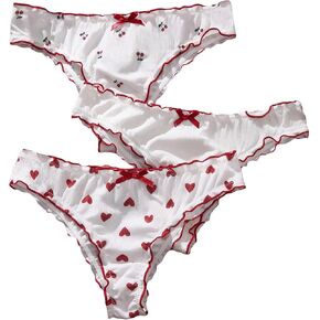 SHENHE Women's 3 Packs Underwear Heart Print Cute Panties Lettuce Trim Mid Rise Comfy Briefs