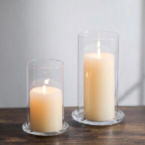 NUPTIO Hurricane Candle Holder for Centerpiece: Set of 2 Clear Pillar Candleholders with Open Ended Cylinders - Glass Candle Plates with Chimneys for Home Party Wedding Table Decor
