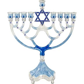 The Dreidel Company Menorah - Jeweled Star -12 inch high - Enameled Metal Menorah with Jeweled Accents - Painted in Enamels and Highlighted with A Star