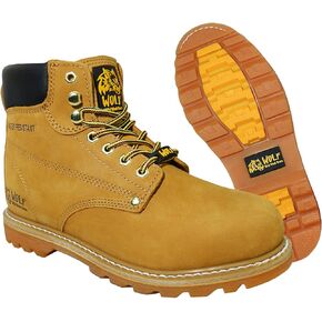 Wolf Work Boot | 100% Genuine Upper Leather | Oil, Heat, Chemical, Impact | Electrical Hazards | Non-Slip Rubber Sole | Tan Nubuck Plain Toe | Padded Collar | Construction | Industrial PPE