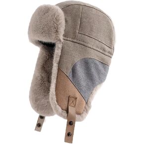 PURFUN Men Women Faux Fur Trapper Hat Stylish Splicing Color Winter Ski Hunting Hat Elders Warm Plush Ushanka Earflap Cap