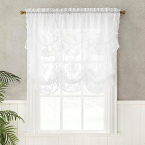 No. 918 Ariella Floral Lace Sheer Rod Pocket Window Tie-up Balloon Shade, 58" x 63", White