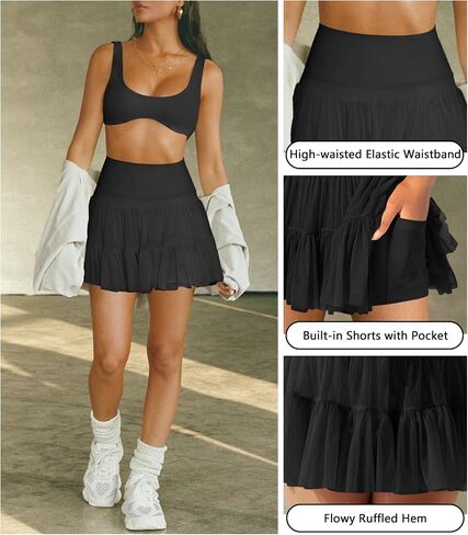 Women's Mini Skirt Skort Flowy Pleated High Waisted Ruffle Tennis Skirts for Women Athletic Skater Golf with Shorts Pockets in Saudi Arabia
