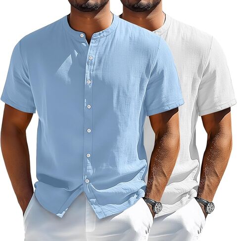 2 Pack Men's Short Sleeve Linen Shirts, Button Down Cotton Beach Vacation Casual Summer Tees in Kuwait
