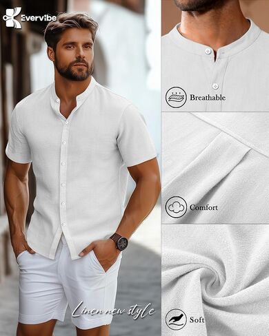 2 Pack Men's Short Sleeve Linen Shirts, Button Down Cotton Beach Vacation Casual Summer Tees in Kuwait