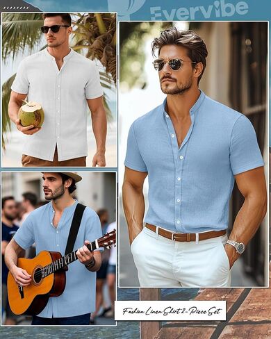 2 Pack Men's Short Sleeve Linen Shirts, Button Down Cotton Beach Vacation Casual Summer Tees in Kuwait