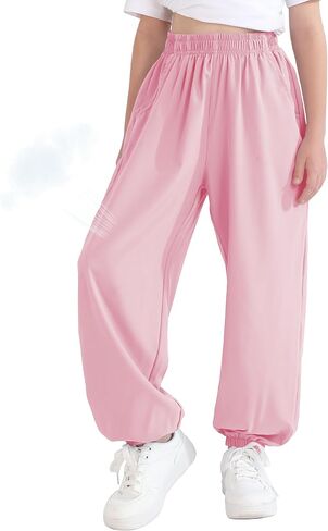 QBK 3T-14Years Girls Summer Lightweight Baggy Joggers with Pockets,Wide Leg Sweatpants Cinched Bottom Hip Hop Dance Pants in Kuwait
