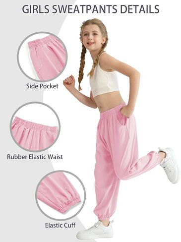 QBK 3T-14Years Girls Summer Lightweight Baggy Joggers with Pockets,Wide Leg Sweatpants Cinched Bottom Hip Hop Dance Pants in Kuwait