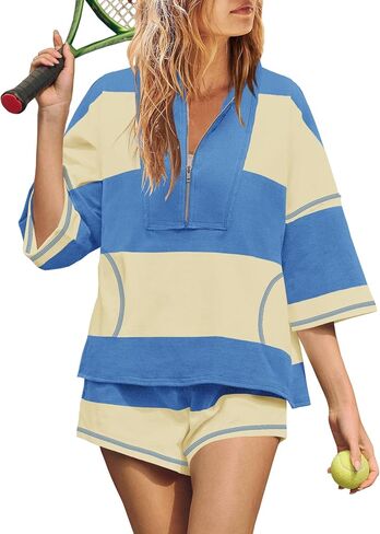 Yanekop Womens 2 قطعة ملابس صيف مخطط تجريب مجموعة كبيرة الحجم مطابقة مجموعات قميص Quarter Zip zip in Kuwait