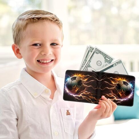 Boys Soccer Wallet for Teens, Cool Kids Wallet for Boys Ages 8-10 9-12 11-15, Funny Leather Bifold Rfid Blocking, Coin Pocket Id Window for Teen Men Youth Guys Birthday Christmas Gifts in Saudi Arabia