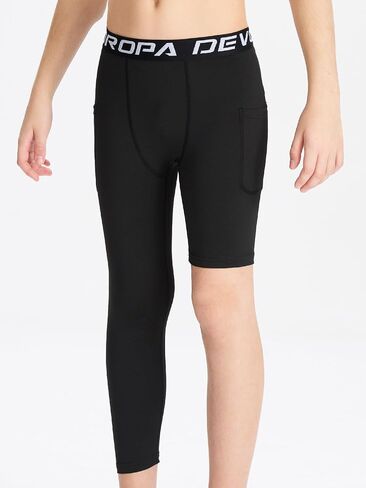 DEVOROPA Youth Boys One Leg Compression Pants for Basketball 3/4 Leggings Sports Tights Athletic Soccer Baselayer Pockets in Kuwait