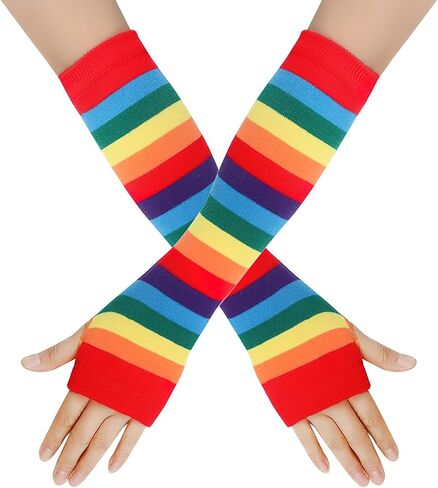 Colorful Stripe Long Fingerless Gloves Warmer Knitted Elastic Arm Elbow Thumbhole Gloves for Halloween Rainbow Pride Party in Saudi Arabia