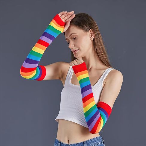 Colorful Stripe Long Fingerless Gloves Warmer Knitted Elastic Arm Elbow Thumbhole Gloves for Halloween Rainbow Pride Party in Saudi Arabia
