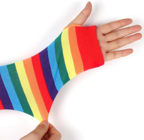 Colorful Stripe Long Fingerless Gloves Warmer Knitted Elastic Arm Elbow Thumbhole Gloves for Halloween Rainbow Pride Party in Saudi Arabia