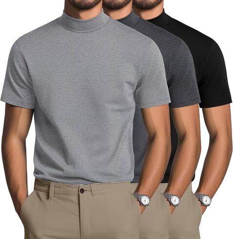 3 Pack Men's Mock Turtleneck Shirts Cotton Short Sleeve Pullover Tops Casual Slim Fit Summer Basic Tees in Kuwait