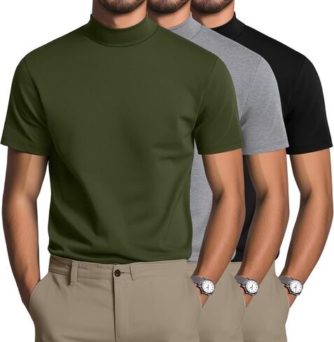 3 Pack Men's Mock Turtleneck Shirts Cotton Short Sleeve Pullover Tops Casual Slim Fit Summer Basic Tees in Kuwait