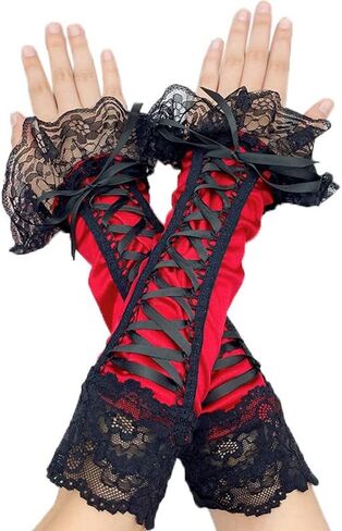Specell Fingerless Satin Gloves Long 13" Lace Fingerless Gloves Women For Bridal Prom Wedding Party Costume Accessories Glove in Kuwait