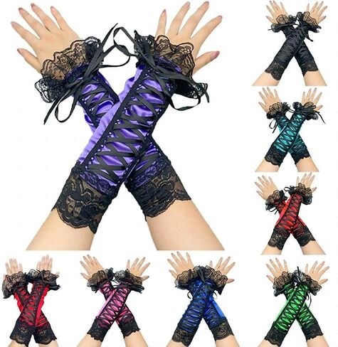 Specell Fingerless Satin Gloves Long 13" Lace Fingerless Gloves Women For Bridal Prom Wedding Party Costume Accessories Glove in Kuwait