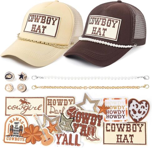 Meneng Western 2PCS Trucker Hats: قبعات Snapback Retro قابلة للتعديل مع بقع مطرزة 16pcs وسلاسل 2pcs - حزمة قبعة رعاة البقر العصرية DIY للارتداء اليومي Rodeo Country Show Brown/Khaki in Kuwait