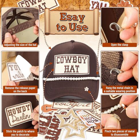 Meneng Western 2PCS Trucker Hats: قبعات Snapback Retro قابلة للتعديل مع بقع مطرزة 16pcs وسلاسل 2pcs - حزمة قبعة رعاة البقر العصرية DIY للارتداء اليومي Rodeo Country Show Brown/Khaki in Kuwait