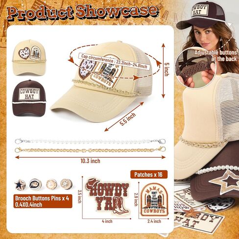 Meneng Western 2PCS Trucker Hats: قبعات Snapback Retro قابلة للتعديل مع بقع مطرزة 16pcs وسلاسل 2pcs - حزمة قبعة رعاة البقر العصرية DIY للارتداء اليومي Rodeo Country Show Brown/Khaki in Kuwait