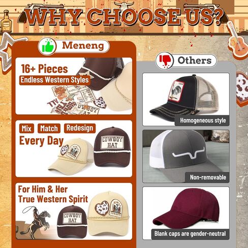 Meneng Western 2PCS Trucker Hats: قبعات Snapback Retro قابلة للتعديل مع بقع مطرزة 16pcs وسلاسل 2pcs - حزمة قبعة رعاة البقر العصرية DIY للارتداء اليومي Rodeo Country Show Brown/Khaki in Kuwait