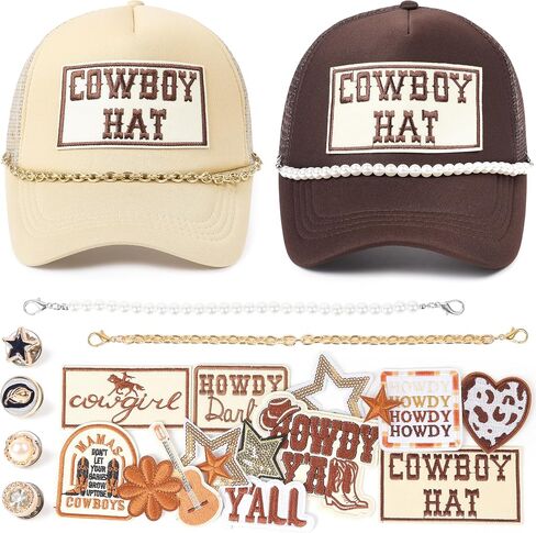Meneng Western 2PCS Trucker Hats: قبعات Snapback Retro قابلة للتعديل مع بقع مطرزة 16pcs وسلاسل 2pcs - حزمة قبعة رعاة البقر العصرية DIY للارتداء اليومي Rodeo Country Show Brown/Khaki in Kuwait