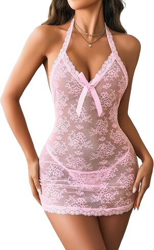 Avidlove Lingerie for Women Sexy Lace Babydoll Pearls Chemise Mesh Lingerie Dress Halter Boudoir Nightwear in Saudi Arabia