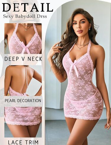 Avidlove Lingerie for Women Sexy Lace Babydoll Pearls Chemise Mesh Lingerie Dress Halter Boudoir Nightwear in Saudi Arabia