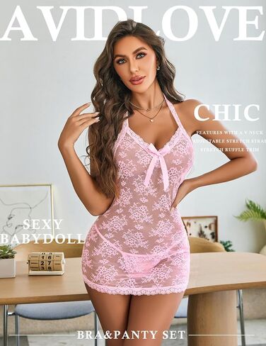 Avidlove Lingerie for Women Sexy Lace Babydoll Pearls Chemise Mesh Lingerie Dress Halter Boudoir Nightwear in Saudi Arabia