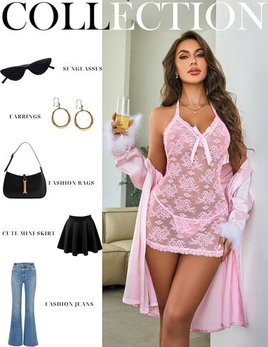 Avidlove Lingerie for Women Sexy Lace Babydoll Pearls Chemise Mesh Lingerie Dress Halter Boudoir Nightwear in Saudi Arabia
