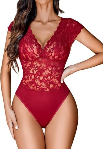 Avidlove Lace Bodysuits for Women Sexy V Neck Sheer Bodysuit Tops Snap Crotch One Piece Teddy in Saudi Arabia