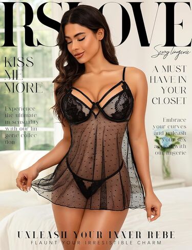 RSLOVE Women Sexy Babydoll Lingerie - Lace Sheer Mesh Sleepwear Polka Dots Bridal Chemise Nightie Dress in Saudi Arabia