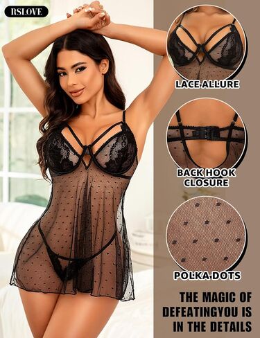 RSLOVE Women Sexy Babydoll Lingerie - Lace Sheer Mesh Sleepwear Polka Dots Bridal Chemise Nightie Dress in Saudi Arabia