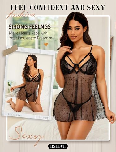 RSLOVE Women Sexy Babydoll Lingerie - Lace Sheer Mesh Sleepwear Polka Dots Bridal Chemise Nightie Dress in Saudi Arabia