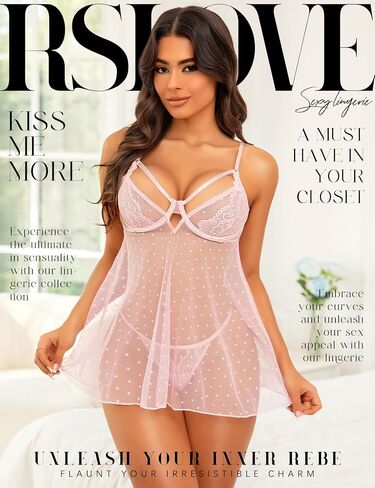 RSLOVE Women Sexy Babydoll Lingerie - Lace Sheer Mesh Sleepwear Polka Dots Bridal Chemise Nightie Dress in Saudi Arabia