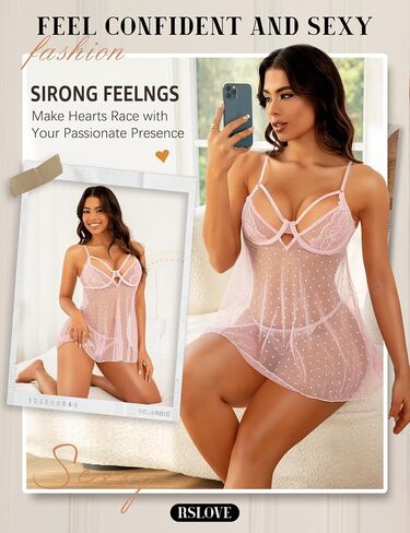 RSLOVE Women Sexy Babydoll Lingerie - Lace Sheer Mesh Sleepwear Polka Dots Bridal Chemise Nightie Dress in Saudi Arabia