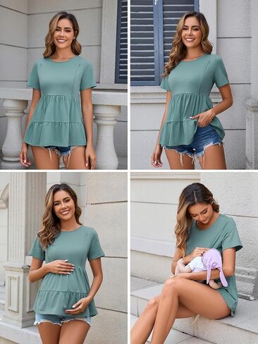 Ecavus Women's Nursing Top Short Sleeve Breastfeeding Tee with Hidden Zipper Loose Fit Maternity Tunic Pregnancy Shirt in Saudi Arabia
